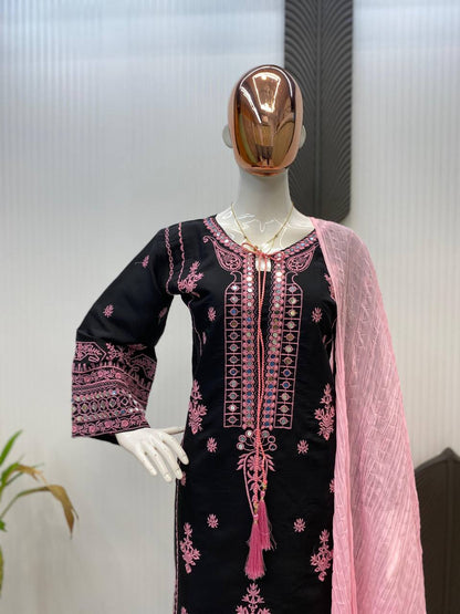 Designer Black Color Silk Kurti And Plazzo Set With Dupatta