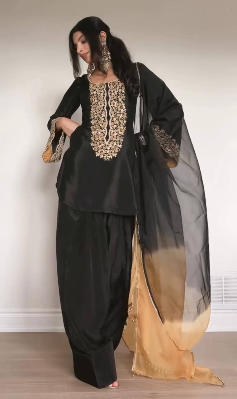 Party Wear Black Color Embroidery Work 3-Piece Palazzo Set