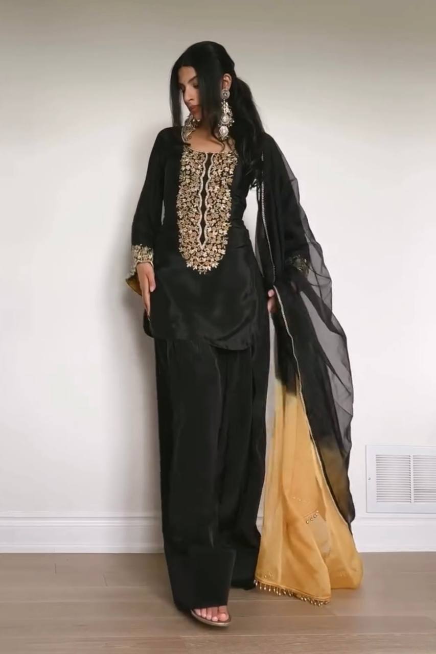 Party Wear Black Color Embroidery Work 3-Piece Palazzo Set