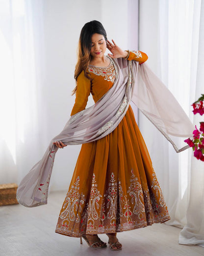 Reception Wear Mustard Color Georgette With Multi Thread Embroidery Sequence Work Designer Gown
