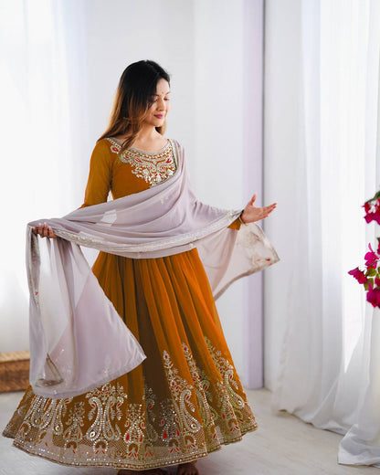 Reception Wear Mustard Color Georgette With Multi Thread Embroidery Sequence Work Designer Gown