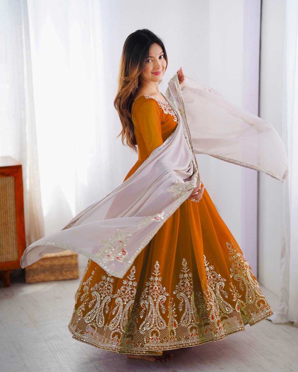 Reception Wear Mustard Color Georgette With Multi Thread Embroidery Sequence Work Designer Gown