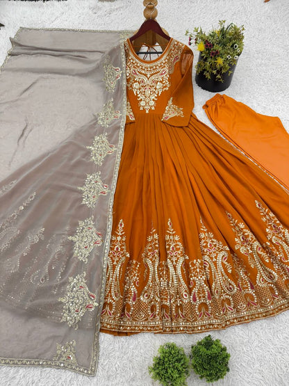 Reception Wear Mustard Color Georgette With Multi Thread Embroidery Sequence Work Designer Gown