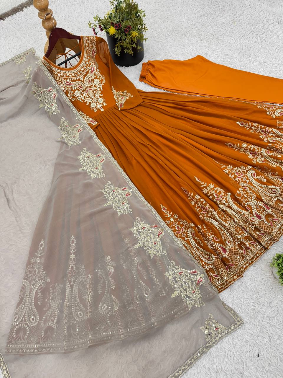 Reception Wear Mustard Color Georgette With Multi Thread Embroidery Sequence Work Designer Gown