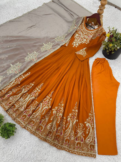 Reception Wear Mustard Color Georgette With Multi Thread Embroidery Sequence Work Designer Gown