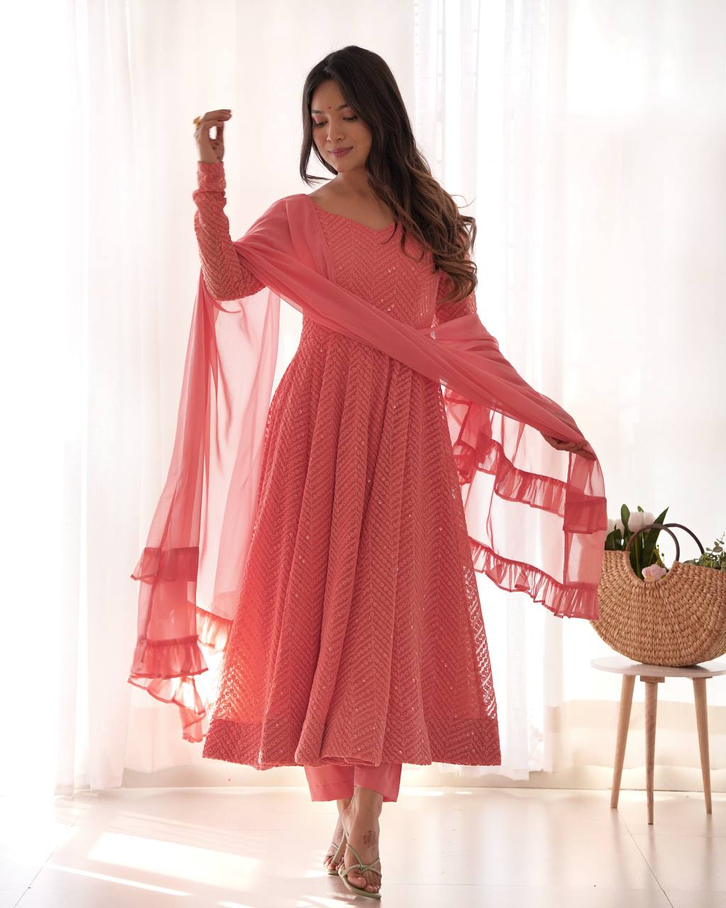 Exclusive Peach Color Heavy Pure Soft Faux Georgette Lucknowi Sequence Work Anarkali Gown