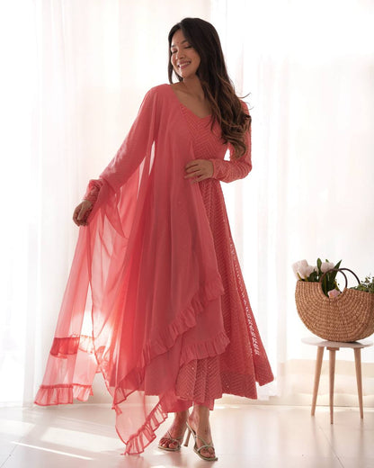 Exclusive Peach Color Heavy Pure Soft Faux Georgette Lucknowi Sequence Work Anarkali Gown