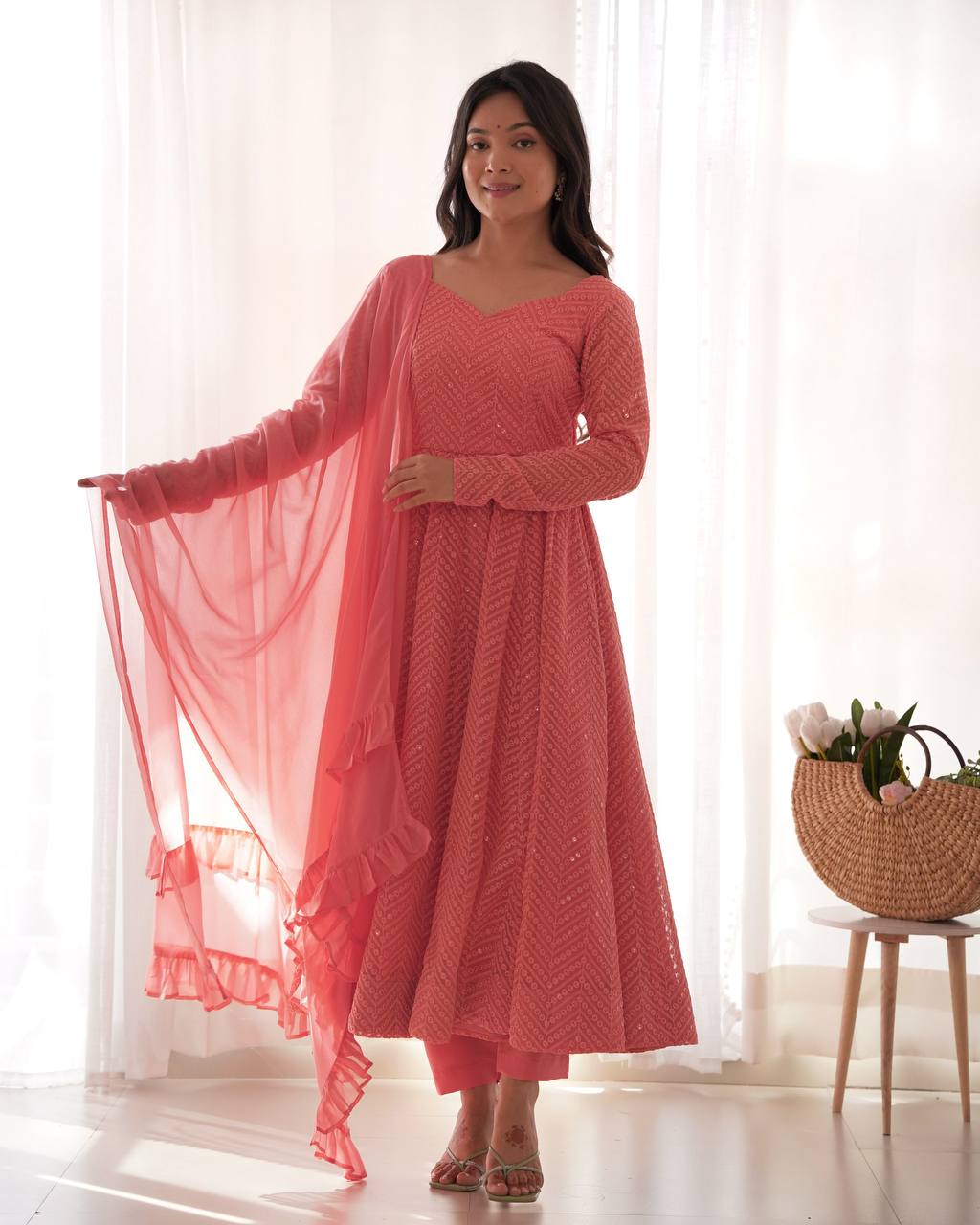 Exclusive Peach Color Heavy Pure Soft Faux Georgette Lucknowi Sequence Work Anarkali Gown