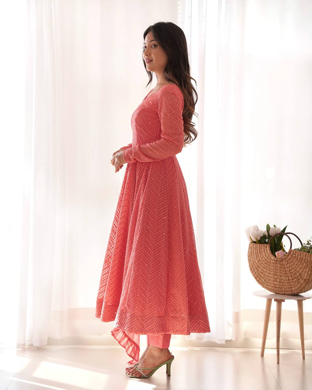 Exclusive Peach Color Heavy Pure Soft Faux Georgette Lucknowi Sequence Work Anarkali Gown