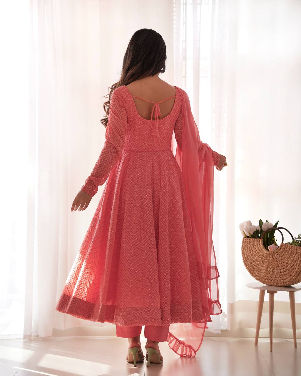 Exclusive Peach Color Heavy Pure Soft Faux Georgette Lucknowi Sequence Work Anarkali Gown
