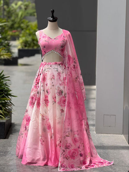 Elegant Baby Pink Color Silk Digital Print Lehenga Set With Batwa