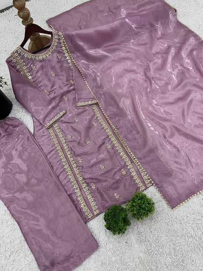 Trendy Lavender Color Pure Jimmy Choo With Embroidery Sequence Work Salwar Palazzo Suit