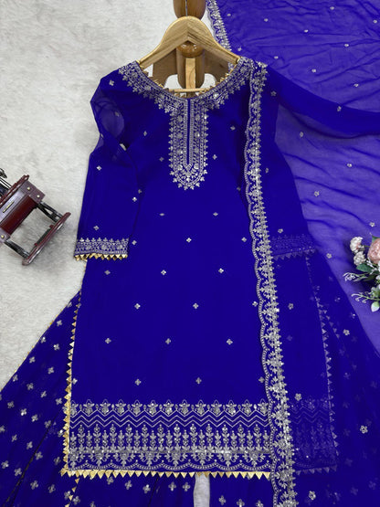 Attractive Blue Color Embroidered Designer Sharara Suit