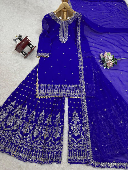 Attractive Blue Color Embroidered Designer Sharara Suit