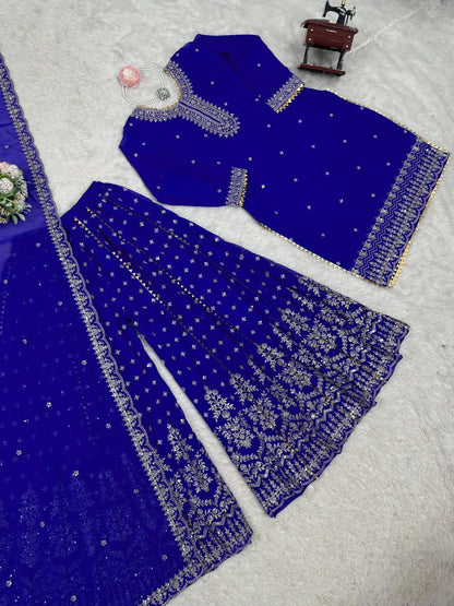 Attractive Blue Color Embroidered Designer Sharara Suit