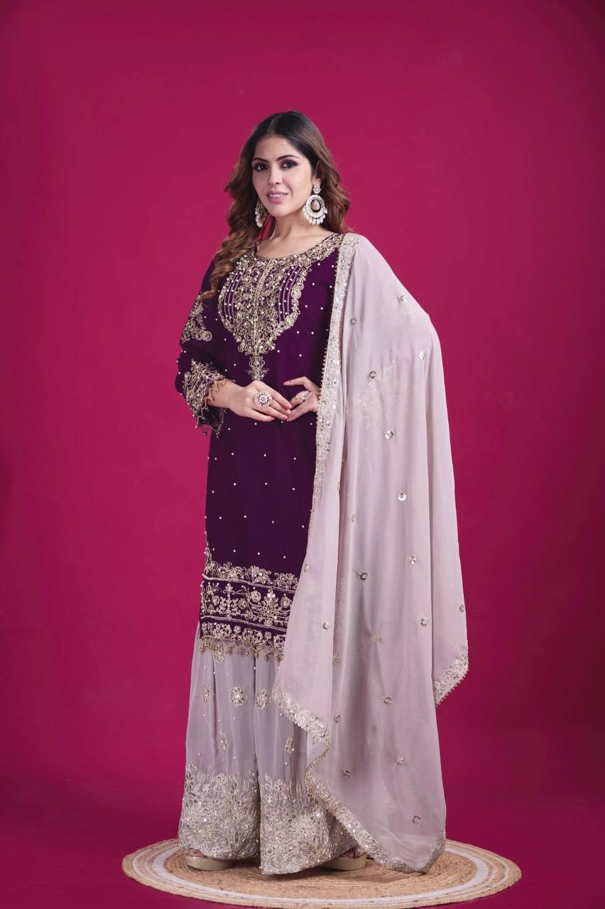 Bollywood Style Wine Color Heavy Faux Georgette With Heavy Embroidery Work Palazzo shuit