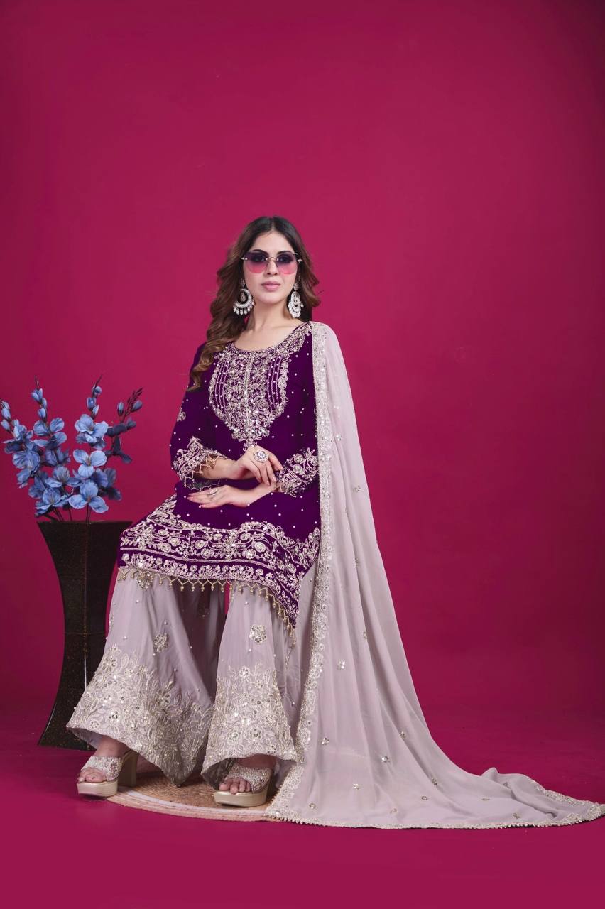 Bollywood Style Wine Color Heavy Faux Georgette With Heavy Embroidery Work Palazzo shuit