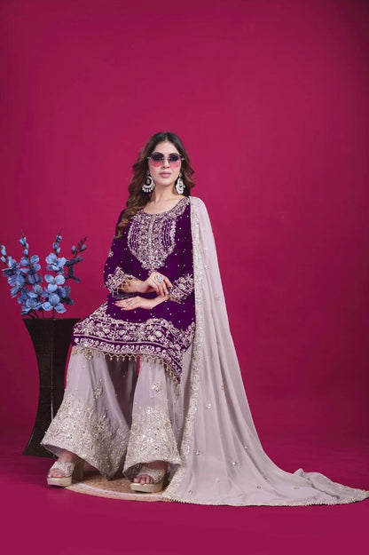 Bollywood Style Wine Color Heavy Faux Georgette With Heavy Embroidery Work Palazzo shuit