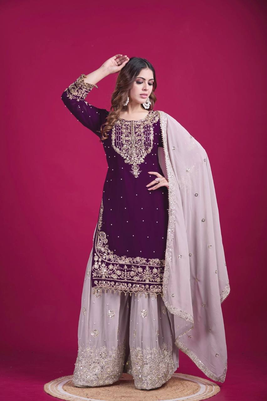 Bollywood Style Wine Color Heavy Faux Georgette With Heavy Embroidery Work Palazzo shuit