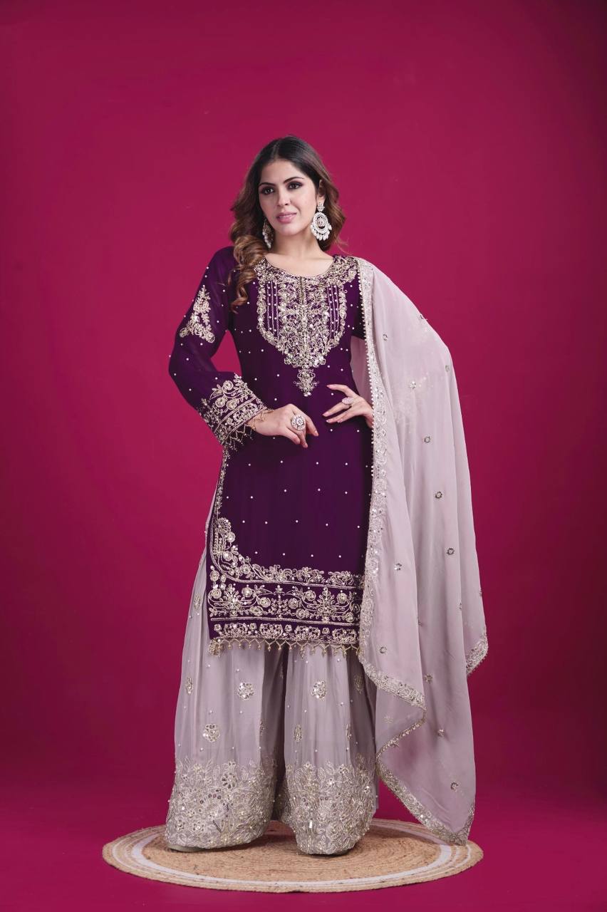 Bollywood Style Wine Color Heavy Faux Georgette With Heavy Embroidery Work Palazzo shuit