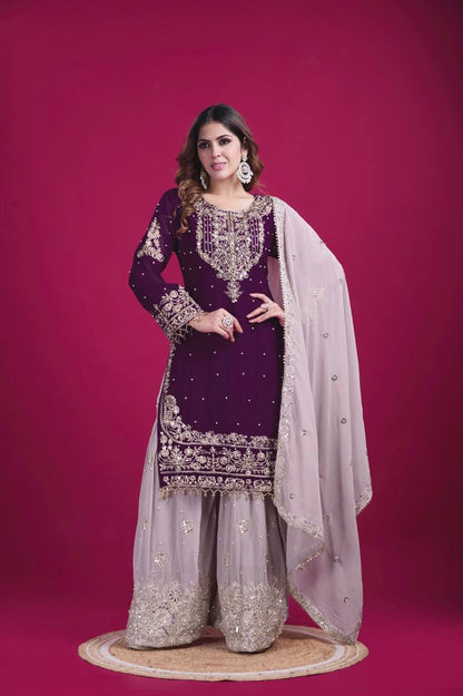 Bollywood Style Wine Color Heavy Faux Georgette With Heavy Embroidery Work Palazzo shuit