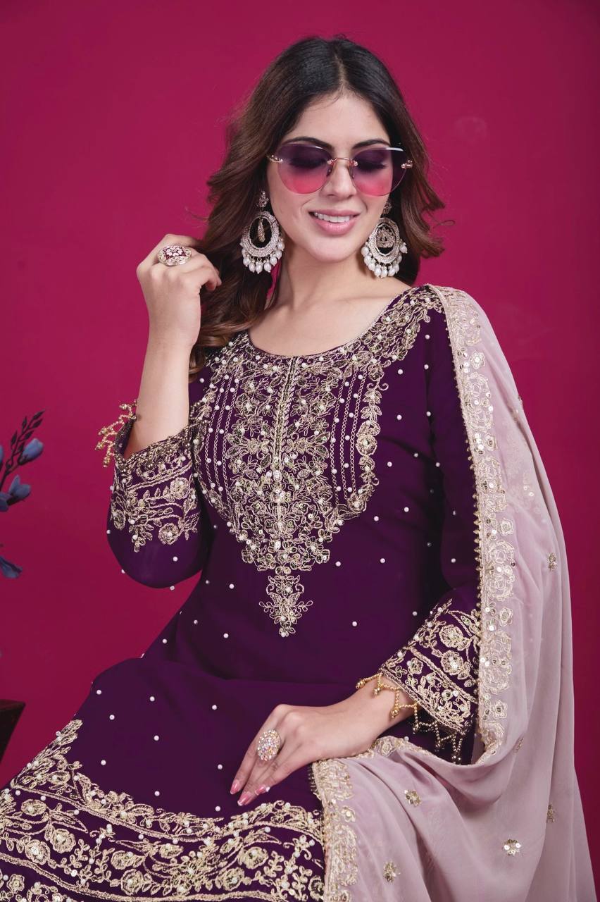 Bollywood Style Wine Color Heavy Faux Georgette With Heavy Embroidery Work Palazzo shuit