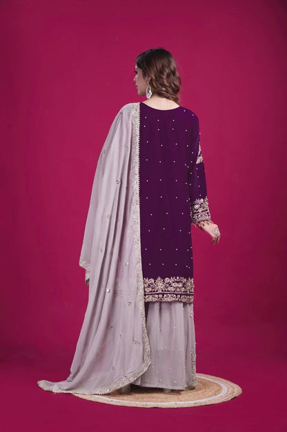 Bollywood Style Wine Color Heavy Faux Georgette With Heavy Embroidery Work Palazzo shuit