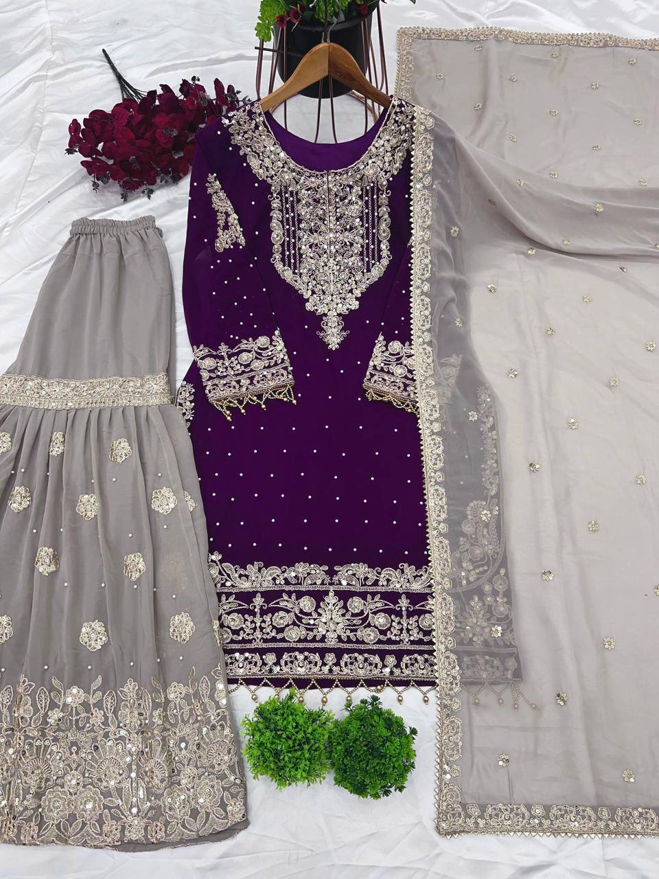 Bollywood Style Wine Color Heavy Faux Georgette With Heavy Embroidery Work Palazzo shuit