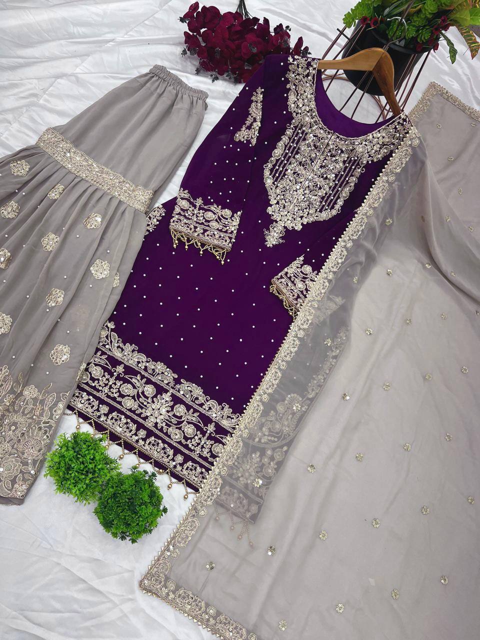 Bollywood Style Wine Color Heavy Faux Georgette With Heavy Embroidery Work Palazzo shuit