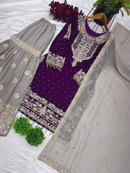Bollywood Style Wine Color Heavy Faux Georgette With Heavy Embroidery Work Palazzo shuit