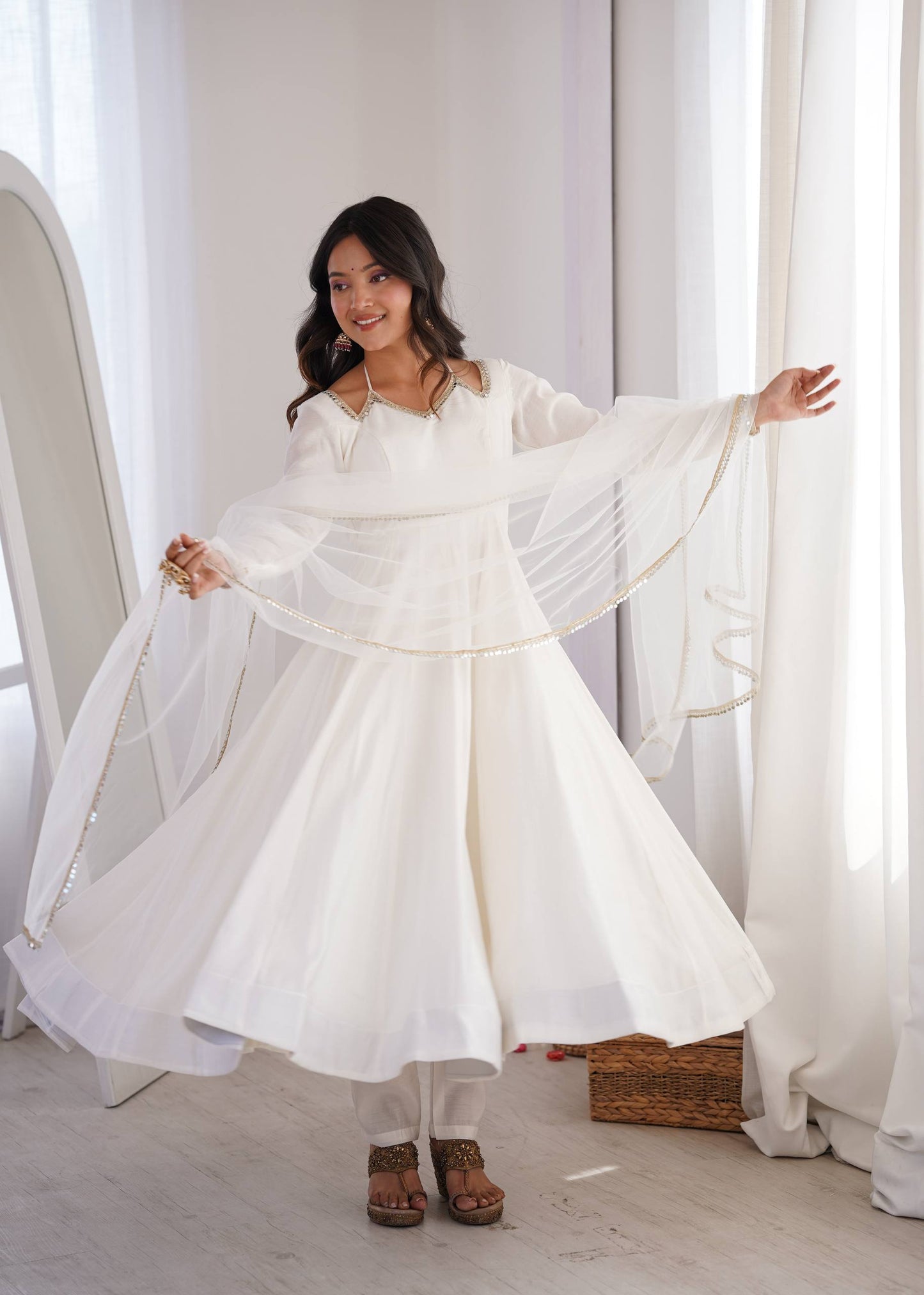 Eyes Catching Off White Color Anarkali Suit With Dupatta
