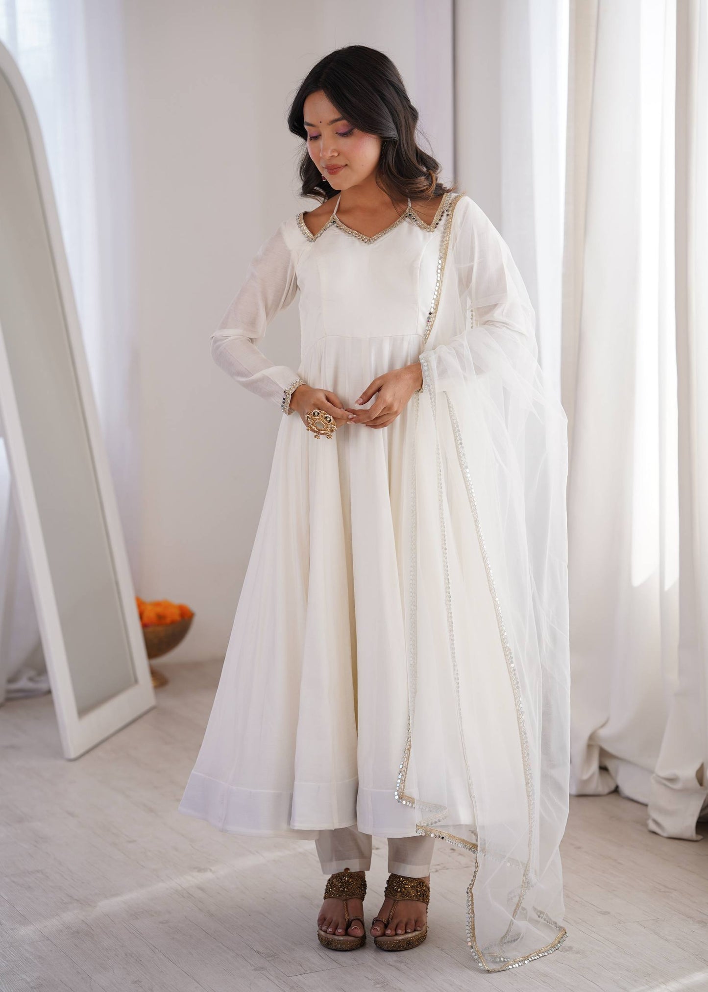 Eyes Catching Off White Color Anarkali Suit With Dupatta