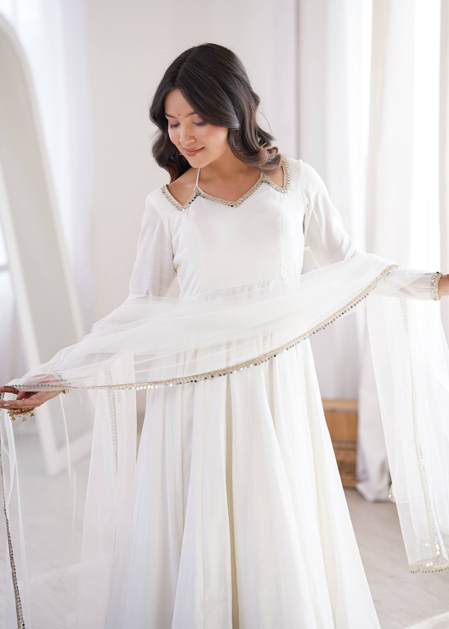 Eyes Catching Off White Color Anarkali Suit With Dupatta