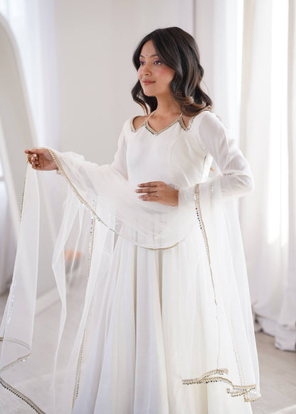 Eyes Catching Off White Color Anarkali Suit With Dupatta