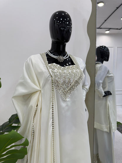 Festival Wear White Color Chinon Silk And Thread With Sequence Work Palazzo Suit