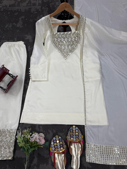 Festival Wear White Color Chinon Silk And Thread With Sequence Work Palazzo Suit