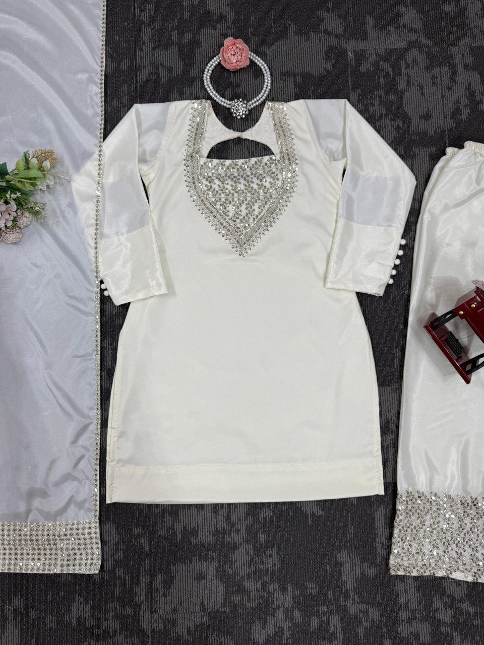 Festival Wear White Color Chinon Silk And Thread With Sequence Work Palazzo Suit
