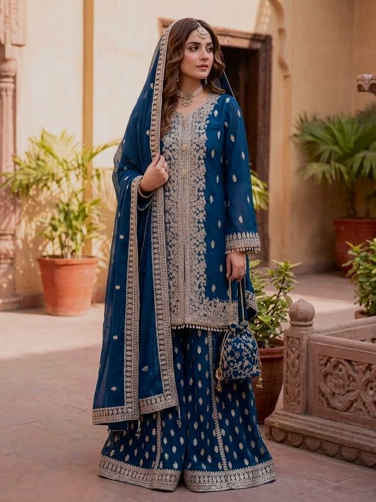Designer Georgette Embroidered Wedding Wear Sharara Suit