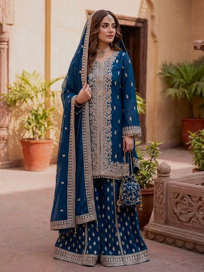 Designer Georgette Embroidered Wedding Wear Sharara Suit