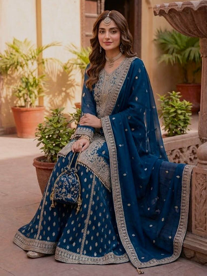 Designer Georgette Embroidered Wedding Wear Sharara Suit