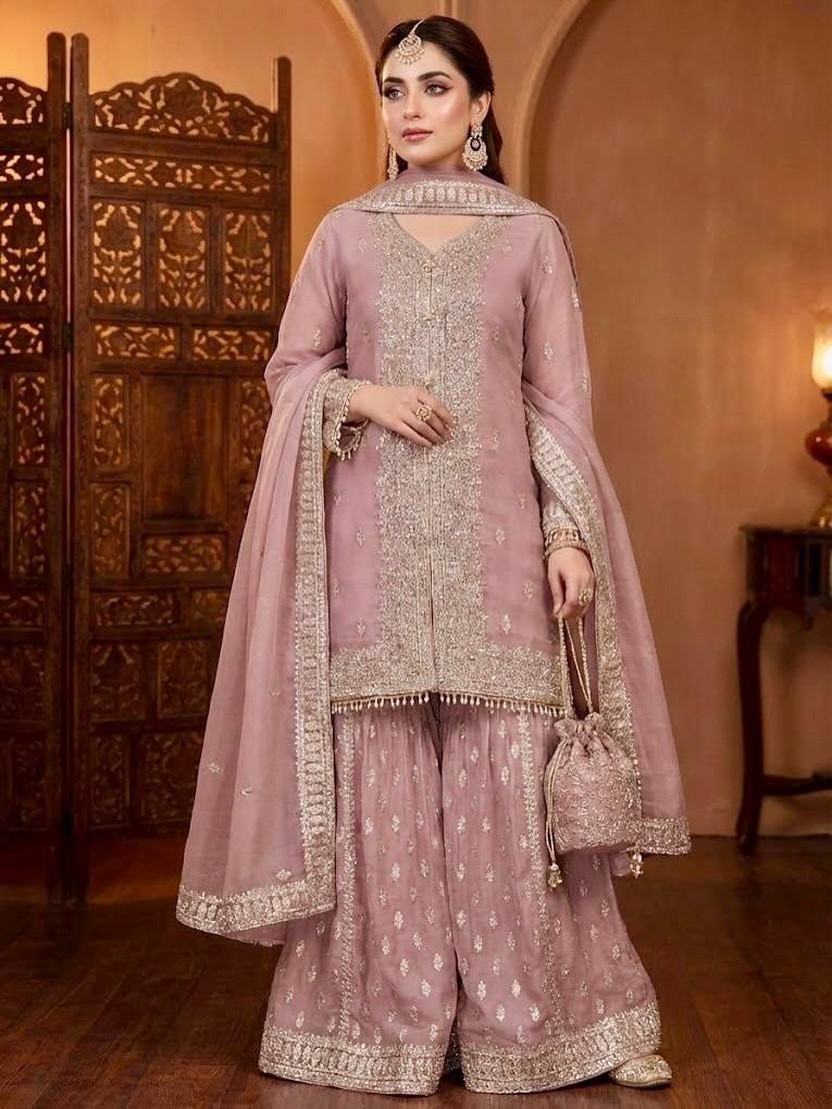 Designer Georgette Embroidered Wedding Wear Sharara Suit