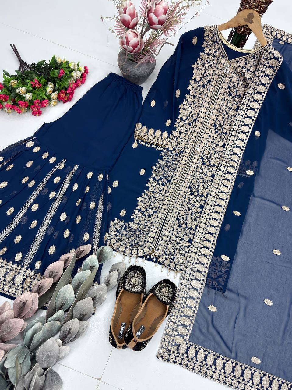 Designer Georgette Embroidered Wedding Wear Sharara Suit