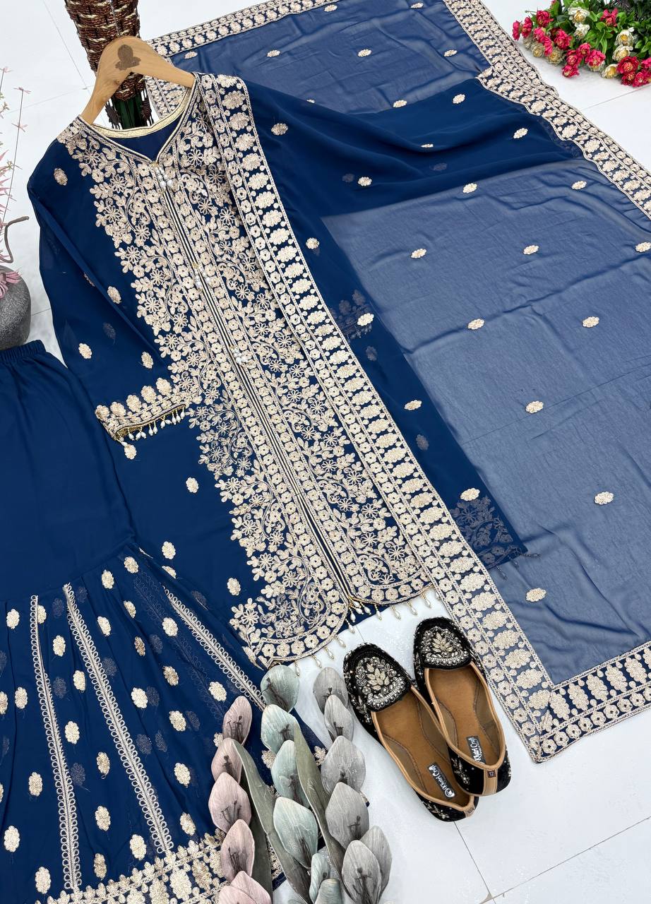 Designer Georgette Embroidered Wedding Wear Sharara Suit