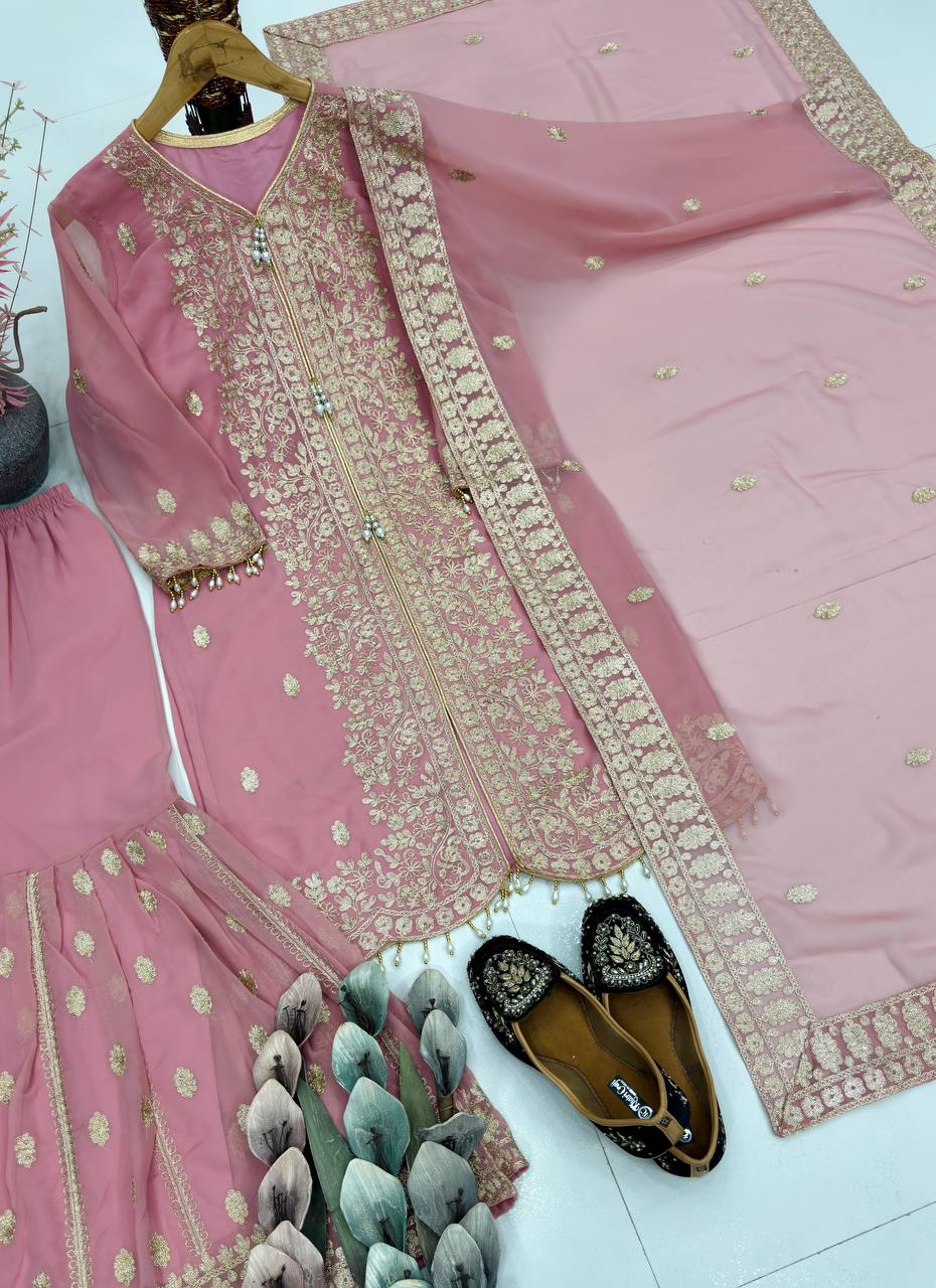 Designer Georgette Embroidered Wedding Wear Sharara Suit