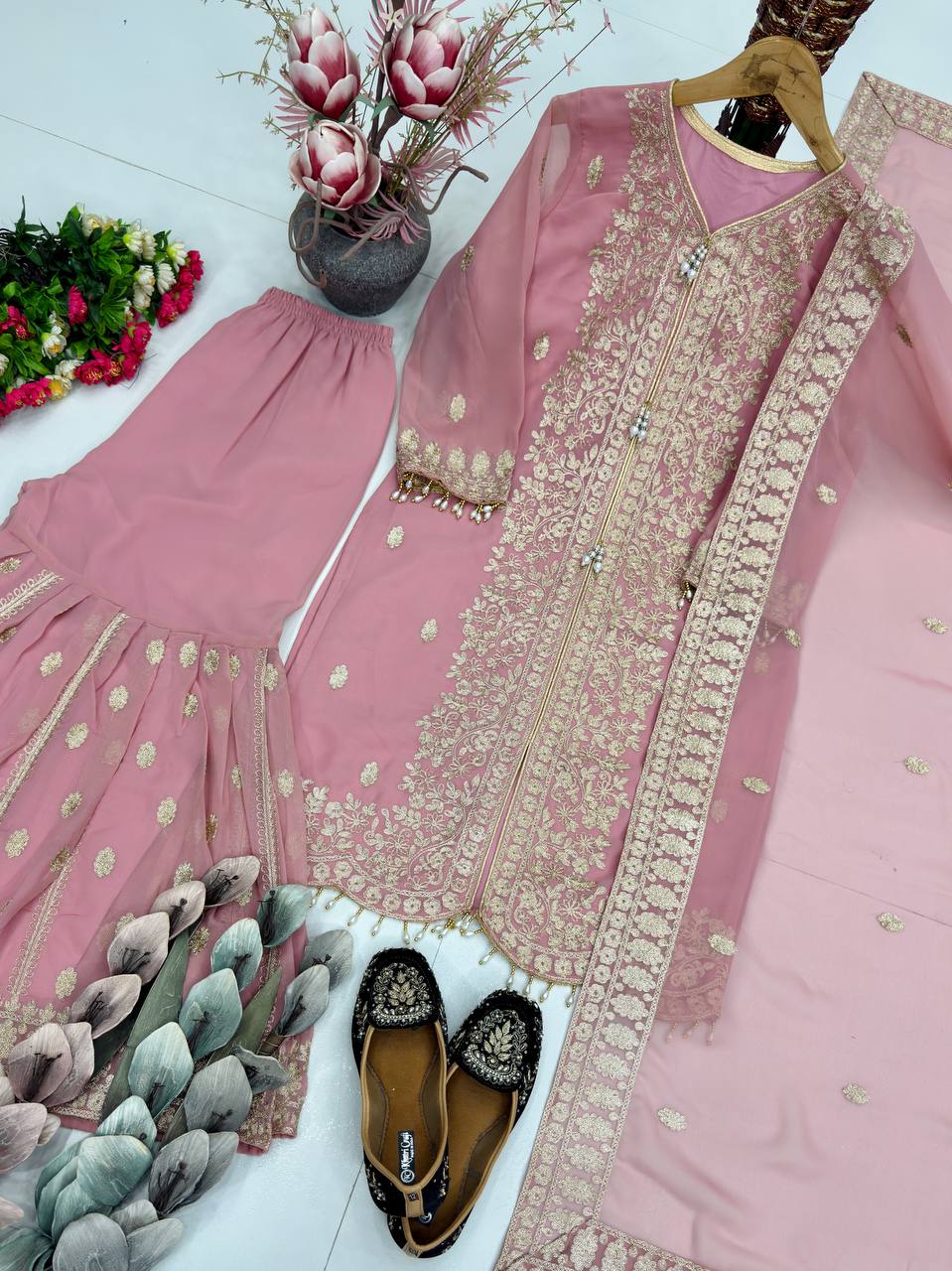 Designer Georgette Embroidered Wedding Wear Sharara Suit