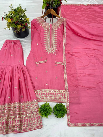 Wedding Wear Light Pink Color Heavy Pure Chinon Silk With Embroidery Sequence Work Sharara Suit