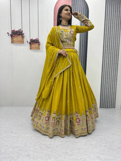 Traditional Wear Haldi Special Yellow Color Pure Vichitra Heavy Embroidery Coading Sequence Thread Work Lehenga Choli