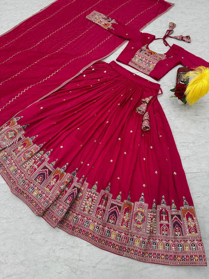 Traditional Wear Red Color Pure Vichitra Heavy Embroidery Coading Sequence Thread Work Lehenga Choli