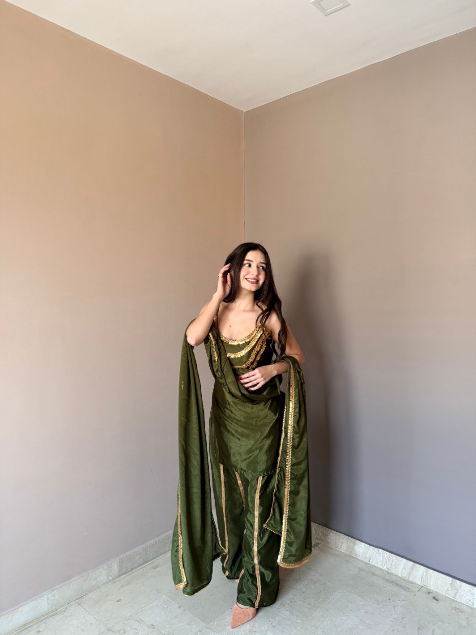 Stylish Green Color Chinon Palazzo Suit With Dupatta