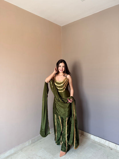 Stylish Green Color Chinon Palazzo Suit With Dupatta